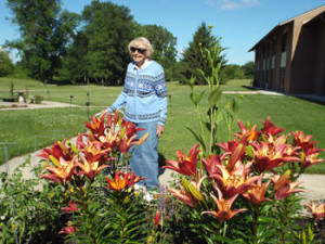 St. Monica's resident enjoy a stroll on the facility grounds.